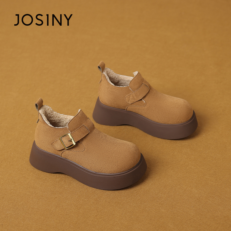 卓诗尼冬季撤柜正品女士博肯鞋短筒圆头平跟加绒加厚保暖棉鞋