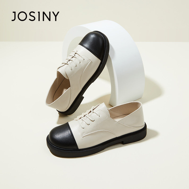 卓诗尼春秋季新款女鞋子女单鞋圆头深口系带平跟乐福鞋时装休闲潮