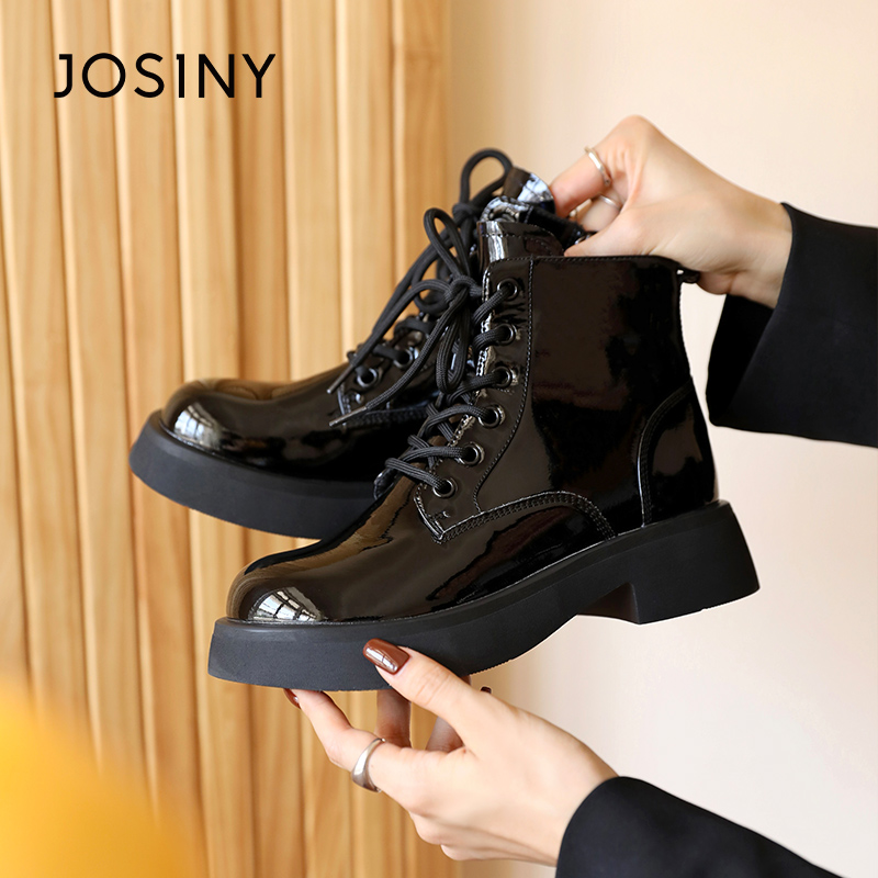 卓诗尼女鞋秋冬单靴深口厚底时尚漆皮大头皮鞋系带侧拉链圆头百搭