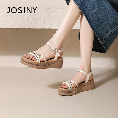 卓诗尼厚底水钻一字带女凉鞋