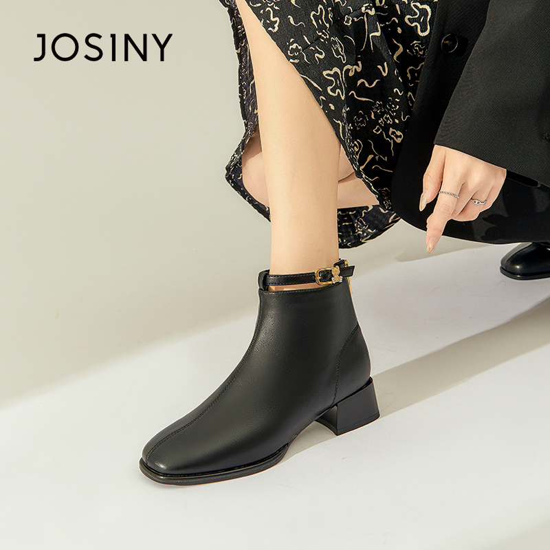 卓诗尼撤柜正品秋冬款女短靴时装通勤短靴方头方跟后拉链休闲舒适