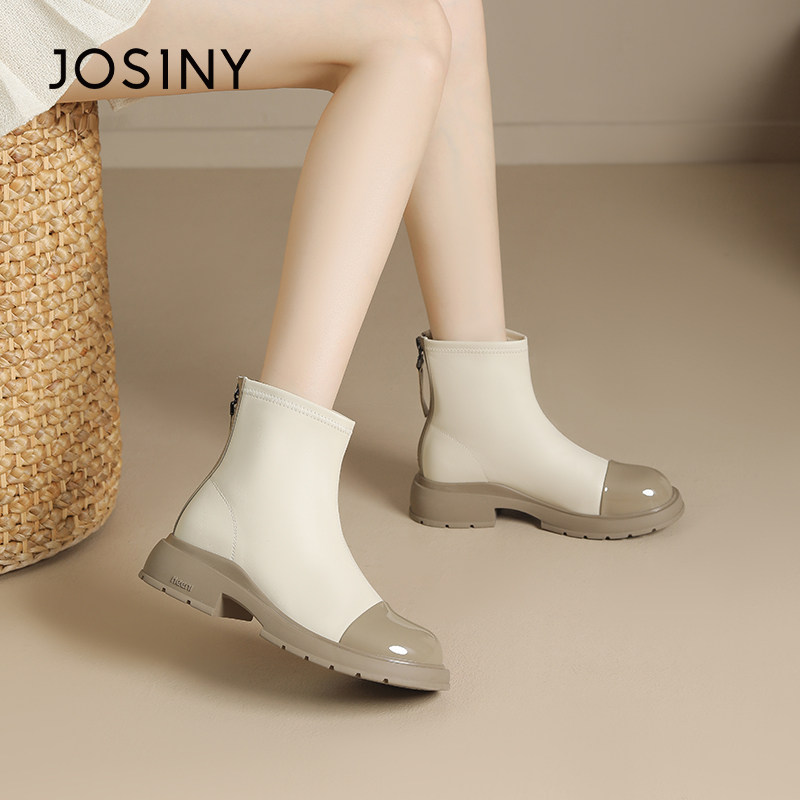 卓诗尼女靴冬季撤柜正品小香风都市短靴漆皮拼接圆头优雅时尚百搭,女鞋,切尔西靴,淘宝优惠券,粉丝福利购,淘宝优惠卷