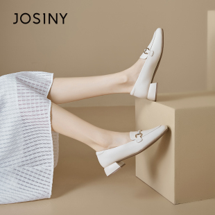 卓诗尼女鞋春夏撤柜英伦风小皮鞋一脚蹬方头粗跟舒适百搭单鞋