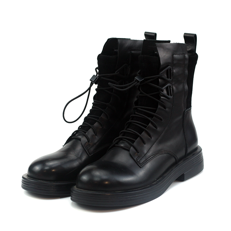 卓诗尼女鞋女士短筒靴子圆头平跟系带侧拉链百搭休闲加绒马丁靴子