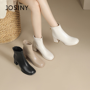 卓诗尼冬季女靴撤柜正品都市通勤短靴秀气方圆头稳当粗跟舒适时尚