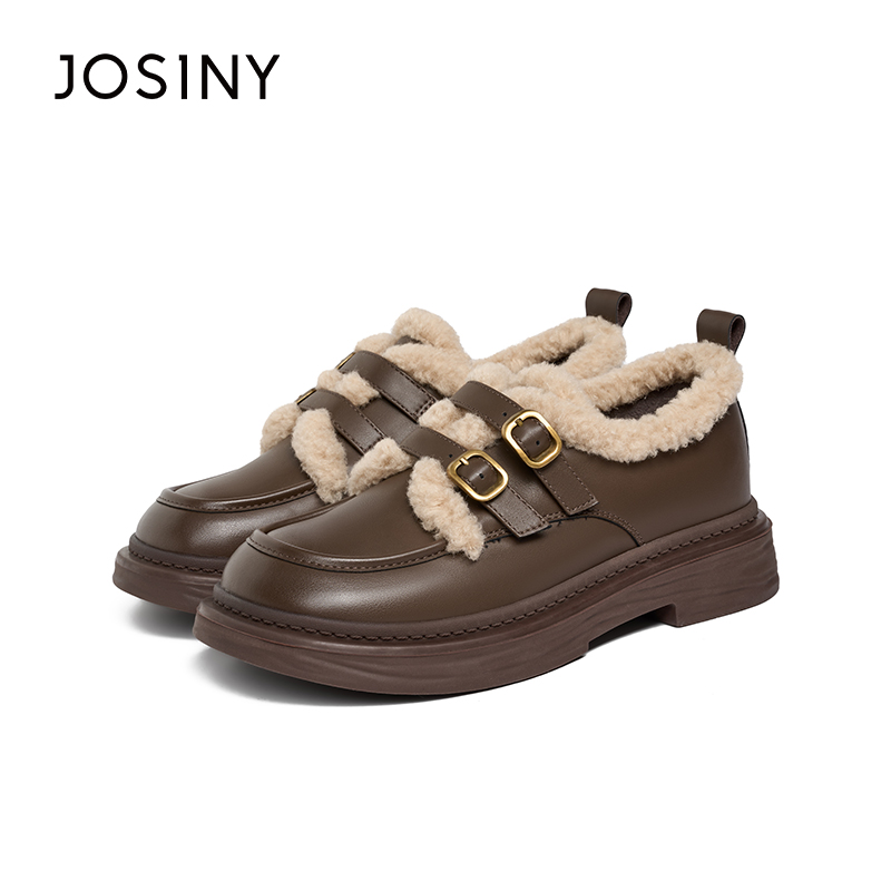 卓诗尼秋冬撤柜正品女士时尚棉瓢鞋圆头厚底休闲加绒乐福增高显瘦