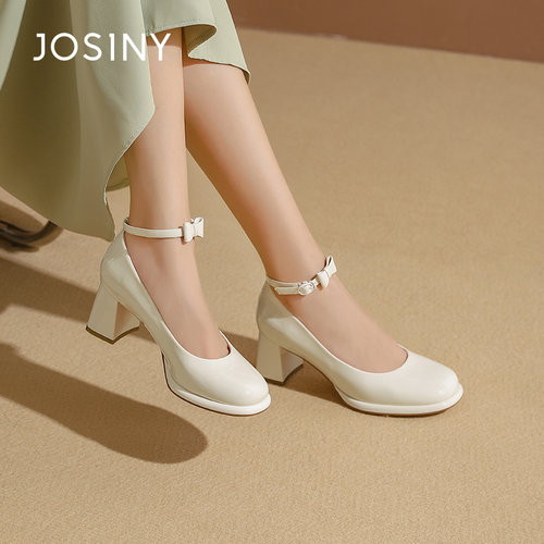 卓诗尼春秋季新款女士单鞋子圆头粗高跟一字带玛丽珍女鞋百搭可爱