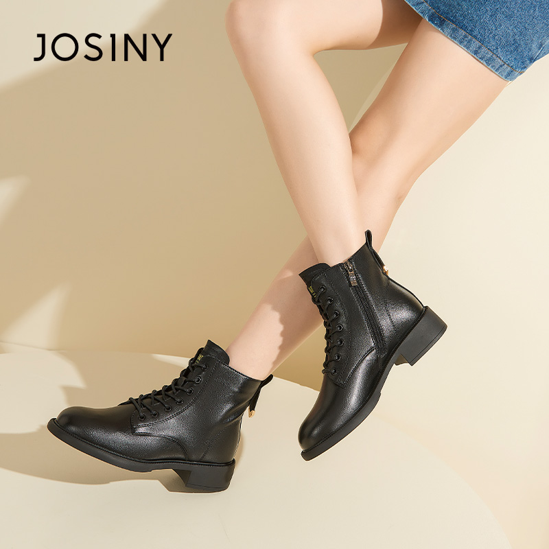 卓诗尼冬季女士短筒靴撤柜正品圆头平跟侧拉链休闲加绒加厚马丁靴