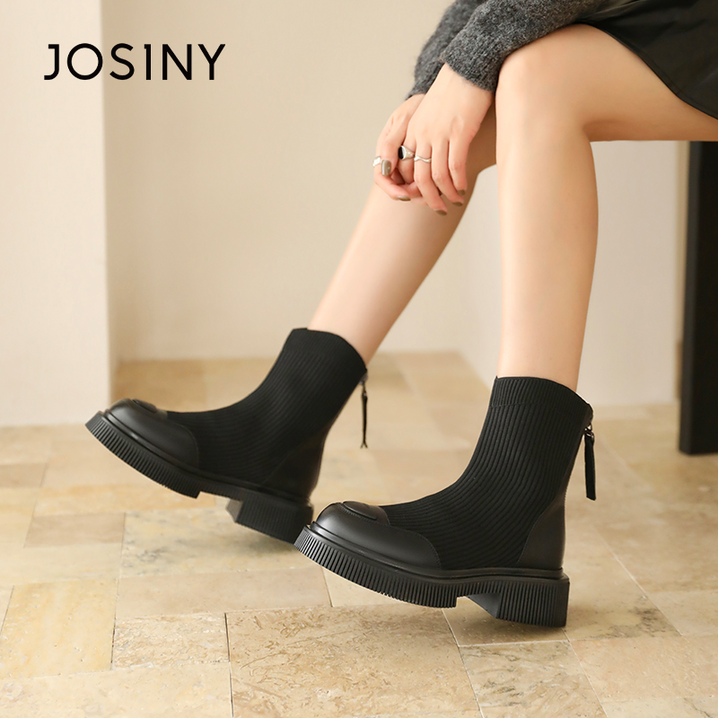 卓诗尼女靴冬季撤柜正品学院风柔软弹力袜靴圆头包边品牌LOGO百搭