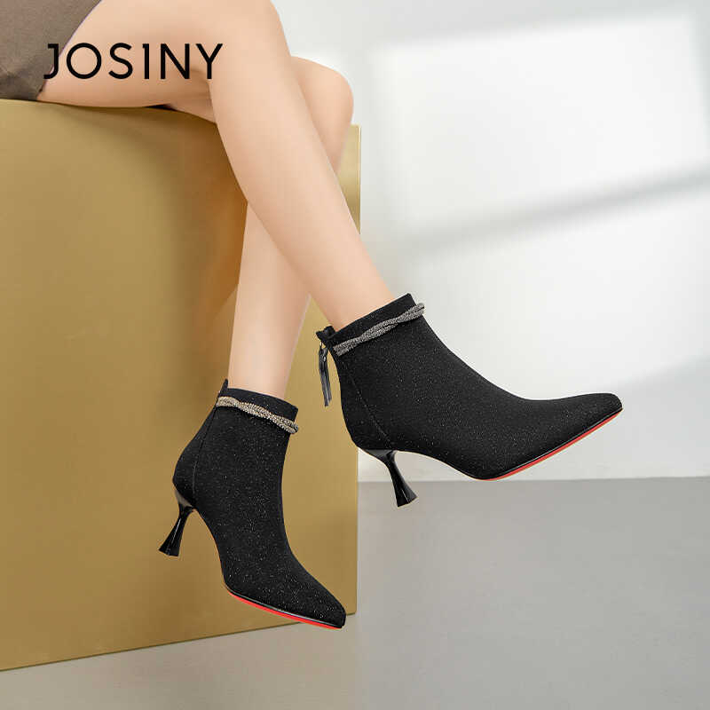 卓诗尼冬季新款女时装靴单靴细跟尖头潮流时尚舒适瘦瘦短靴气质