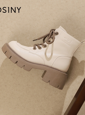 卓诗尼女鞋撤柜靴子马丁靴女秋冬新款厚底大黄靴踢不白色短靴女靴