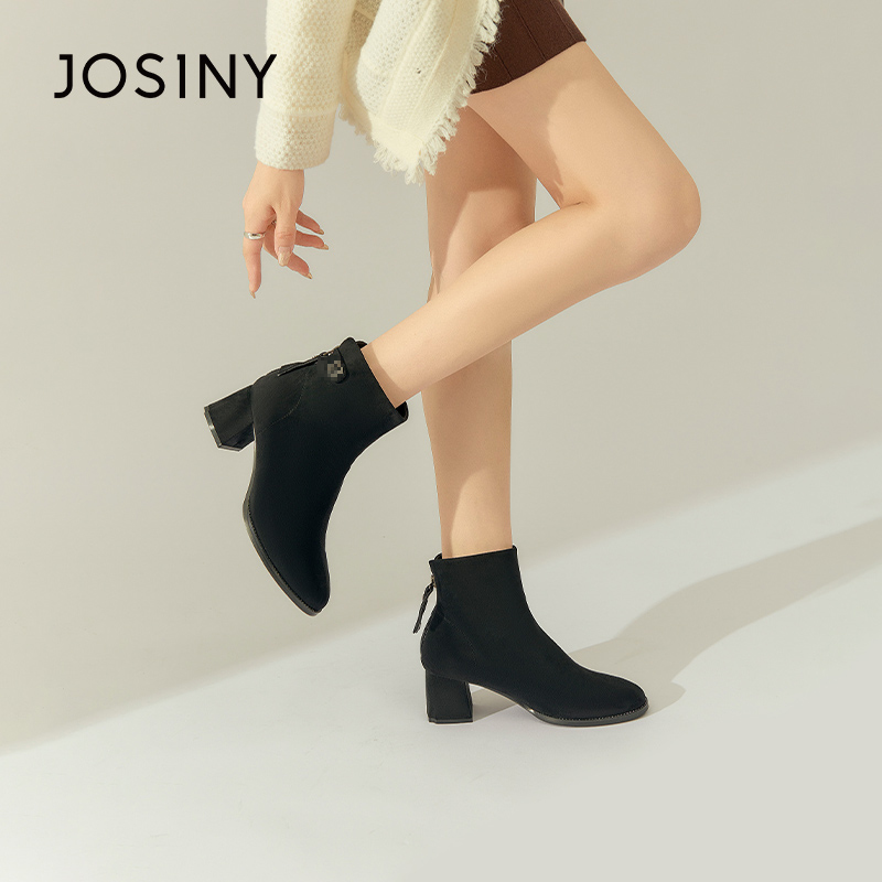 卓诗尼冬季新款女靴子女士短筒靴子绒面尖头粗高跟加厚保暖时装靴