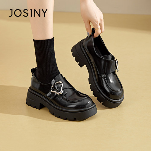 卓诗尼撤柜正品厚底乐福鞋女英伦风皮带扣粗跟小皮鞋百搭增高时尚