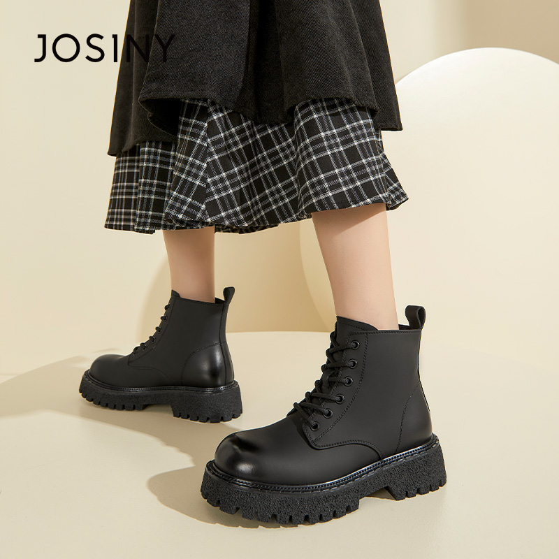 卓诗尼女靴马丁靴女秋冬季厚底短筒靴英伦风大头纯色机车工装靴子