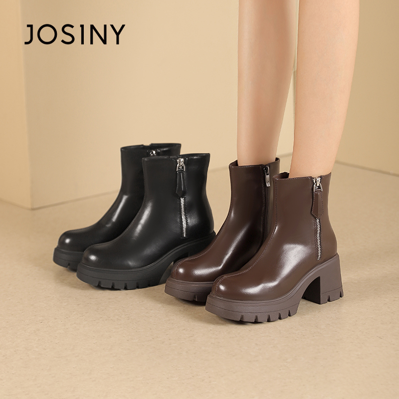 卓诗尼女靴冬季撤柜正品甜酷复古厚底短靴舒适圆头外侧拉链装饰潮