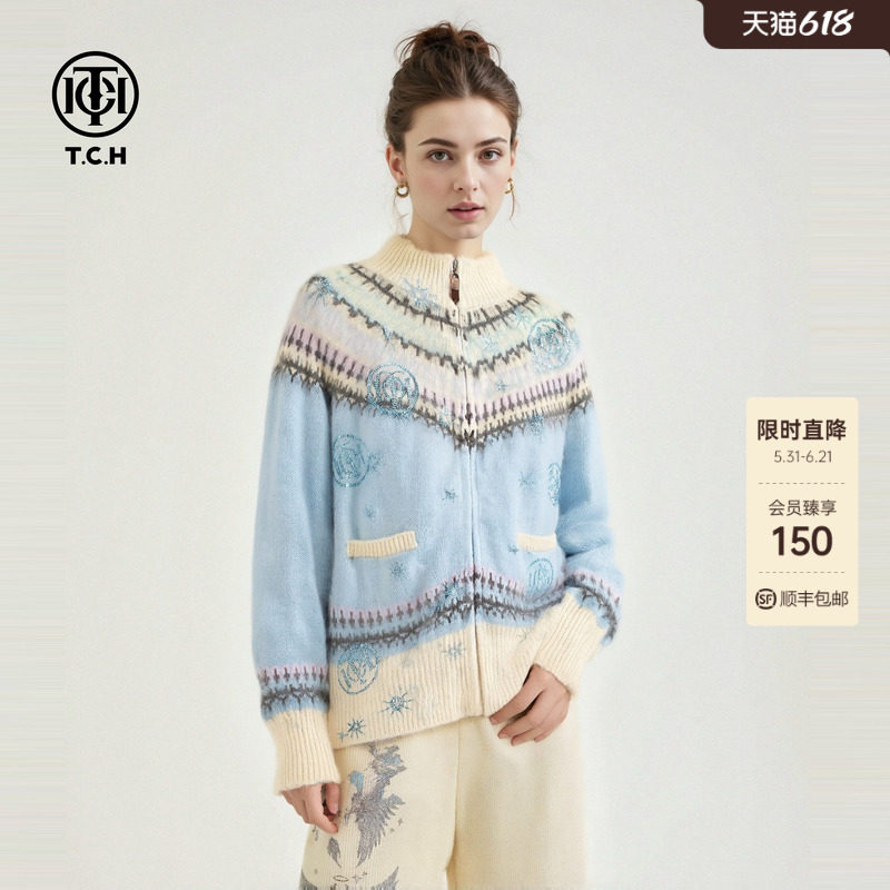 TCH费尔岛马海毛毛衣女烫钻立领保暖拉链针织衫外套T78A43E1008