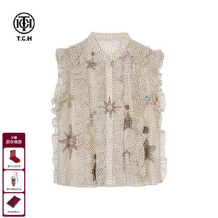 TCH私服烫钻时髦气质波点百搭荷叶边无袖 上衣女T75B13E5056h 衬衫