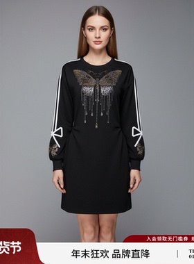 TCH时尚潮牌蝴蝶烫钻减龄收腰显瘦黑色长袖连衣裙女T78A30E1006