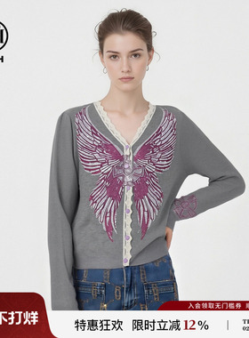 TCH【100%绵羊毛】春款时尚烫钻V领蕾丝边针织开衫女T78A43E1070