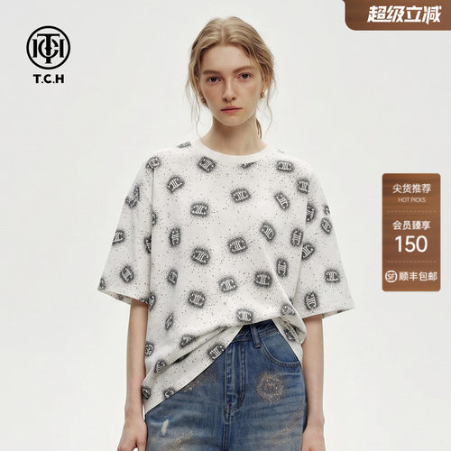 TCH宽松休闲满印LOGO烫钻百搭圆领短袖T恤男女同款2026夏季新款