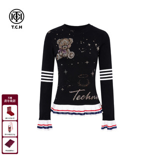 上衣女T75D08E1008 T恤修身 TCH秋冬新款 卡通小熊烫钻黑色显瘦长袖