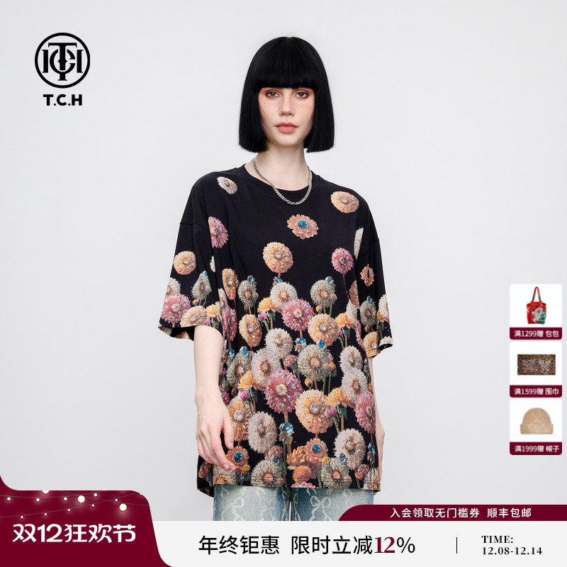 TCH 烫钻繁花簇锦趣味印花时尚休闲短袖T恤男女同款2025夏季新款