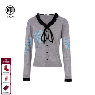 T75D09E5081 上衣女秋冬新款 TCH蝴蝶结花边烫钻灰色修身 显瘦针织衫