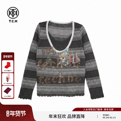 TCH宽松U领假两件撞色条纹烫钻小熊字母针织衫上衣女T78A09E5005