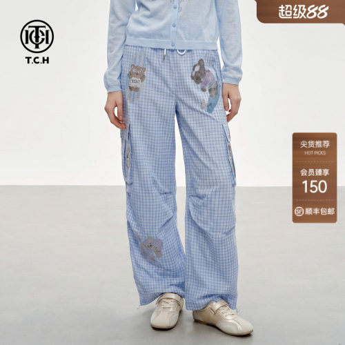 TCH韩系少女风蓝白格纹休闲裤女2026秋季新款烫钻小熊工装阔腿裤
