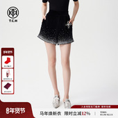 TCH新款 女夏T72C216007 高腰显瘦阔腿短裤 潮牌烫钻个性 时尚
