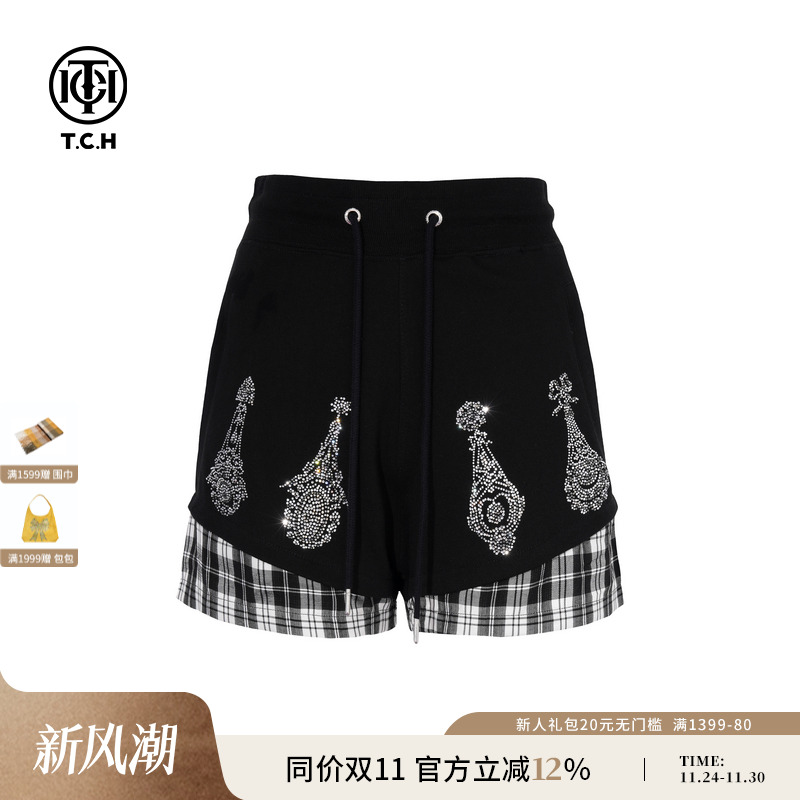TCH私服烫钻时尚格纹拼接设计感百搭时髦辣妹短裤女T75C21B1010