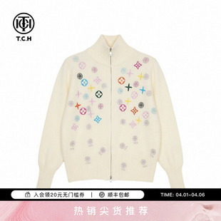 韩系烫钻立领米色拉链针织开衫 外套女T78A43E1037 新款 TCH2026春季