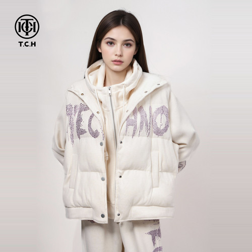 TCH温柔初恋白色冬季保暖运动风加厚款外套马甲休闲裤套装秋冬女