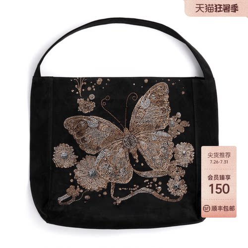 TCH-时尚潮牌蝴蝶花卉logo烫钻黑色手提包T72C40E9001