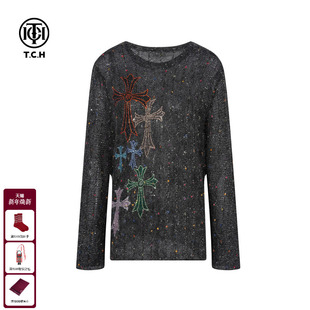 新款 女25秋季 T75C09E5089 慵懒风马海毛圆领针织衫 TCH私服烫钻时尚