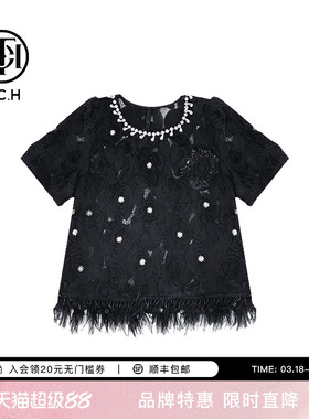 TCH 夏季新款新中式系列时尚小香风黑色羽毛短袖T恤女T72B10E9083