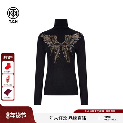 TCH25秋冬时尚烫钻黑色高领修身显瘦百搭打底针织衫女T75D09E1236