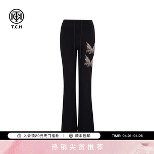 女2025冬新款 T75D20E1172 微喇裤 TCH蝴蝶烫钻百搭显瘦黑色加绒修身