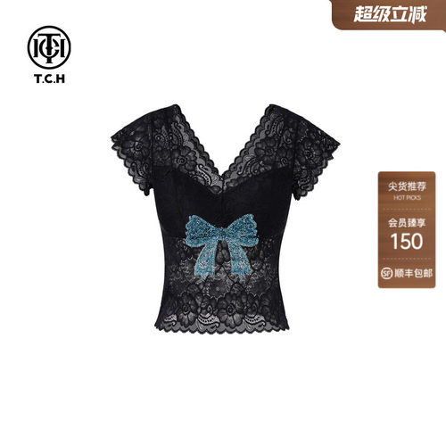 TCH春夏新款蕾丝烫钻蝴蝶结时尚休闲背心T78A03E5002