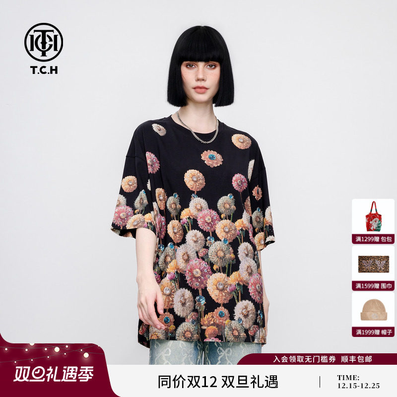 TCH 烫钻繁花簇锦趣味印花时尚休闲短袖T恤男女同款2025夏季新款