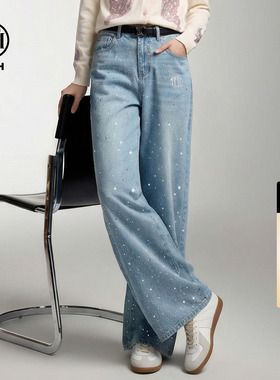 TCH纯棉100%美式复古满天星烫钻直筒显瘦牛仔裤梓女2026春夏新款