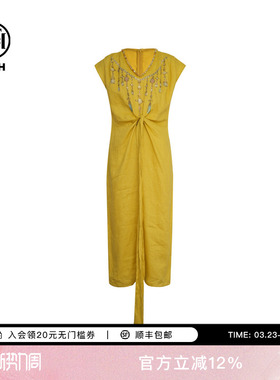 TCH烫钻设计感亚麻V领连衣裙女时尚气质收腰长裙T75B30E1101