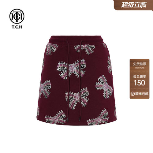 TCH轻奢潮牌休闲短裙蝴蝶结烫钻A字收腰显瘦半身裙女T75C22E9005