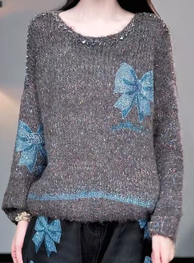 TCH2025冬季新款时尚烫钻咖色慵懒风宽松圆领针织衫女T75D09E5057