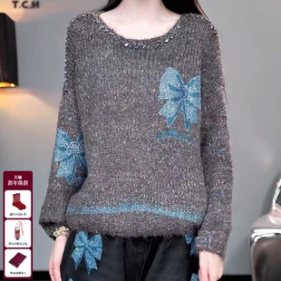 烫钻咖色慵懒风宽松圆领针织衫 时尚 女T75D09E5057 新款 TCH2025冬季