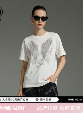 TCH日常休闲宽松卷边袖烫钻翅膀短袖T恤女26春夏新款T78A10E1017