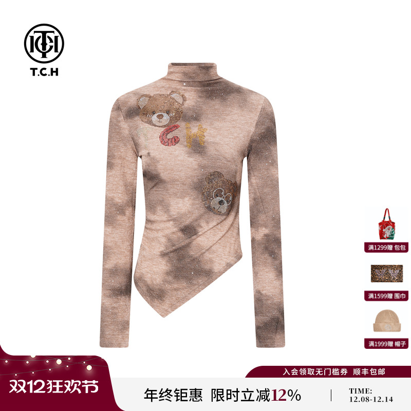 TCH小熊烫钻气质修身针织衫女不规则高领秋冬打底衫女T75D09E1150