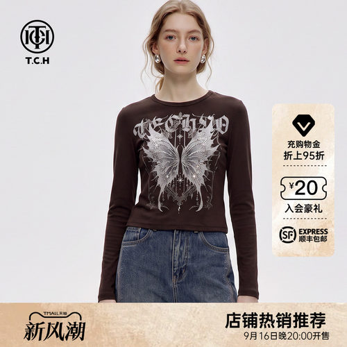 美式复古蝴蝶烫钻咖色长袖T恤女