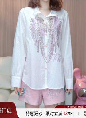 TCH26春新款烫钻羽翼宽松时髦独特漂亮白色衬衫女上衣T78A13E1029