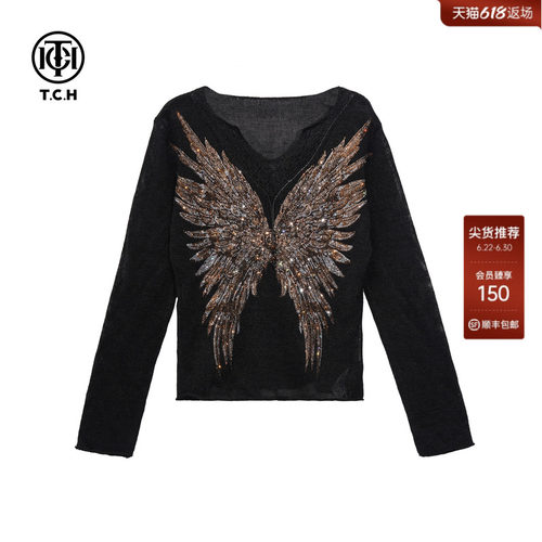 TCH潮牌重工烫钻翅膀V领针织衫女高级感显瘦长袖上衣T78A09E1168